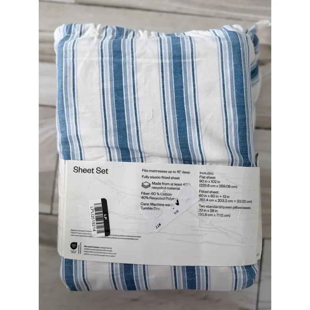 Room Essentials Queen Size Sheets Striped Ivory/navy Cotton Blend Brand New.